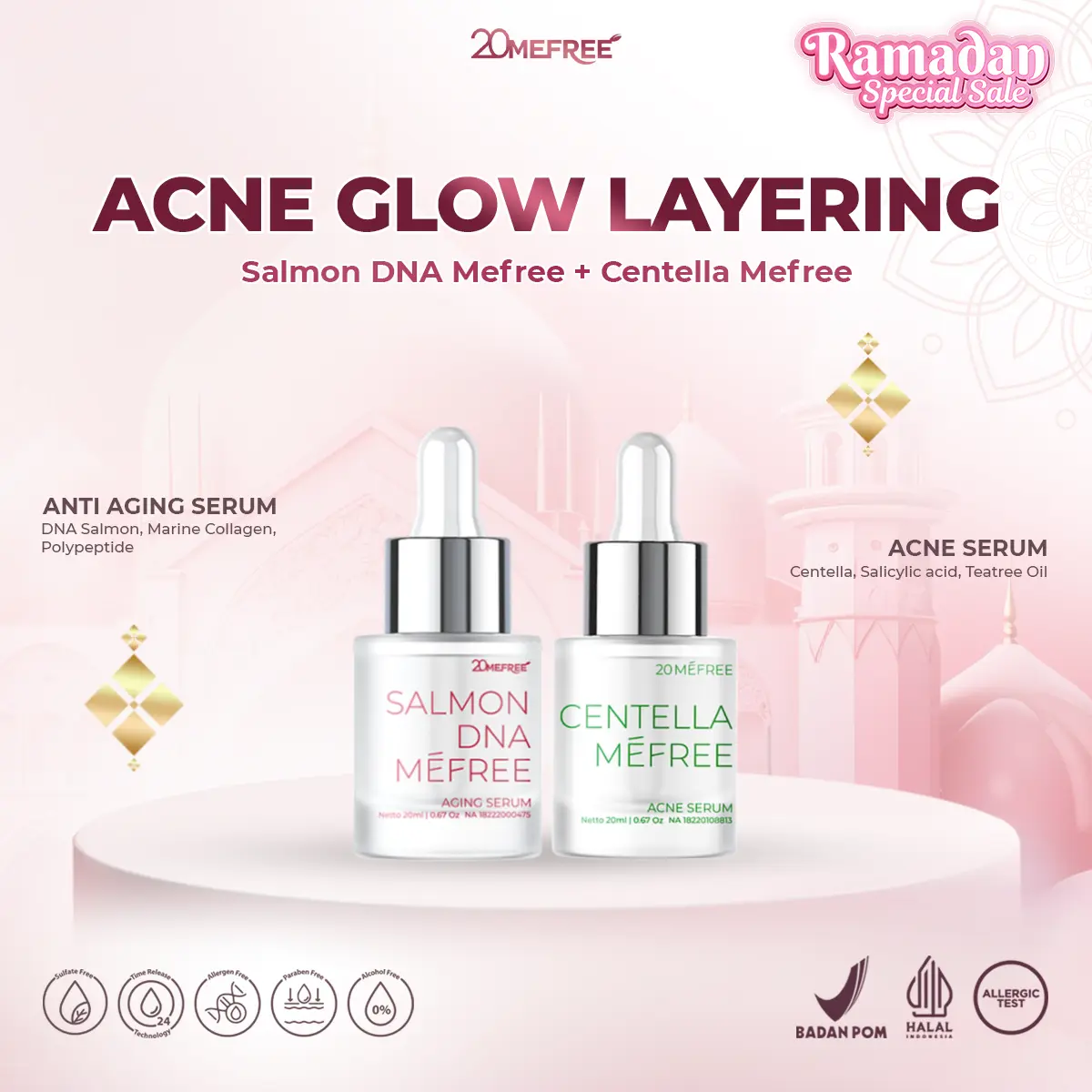 Acne Glow Layering - Salmon DNA Mefree + Centella Mefree (Anti Aging Serum + Acne Serum) - Menyamarkan Bekas Jerawat, Memperbaiki Skin Barier, Mengencangkan Mencerahkan Kulit Wajah, Memudarkan Kerutan Halus dan Flek Hitam di Kulit Wajah