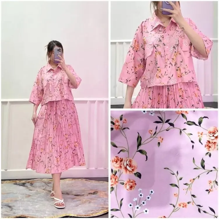One Set Fuji / One Set Clara Kemeja Crop & Rok Midi Plisket Atasan Bawahan Motif Wanita 5