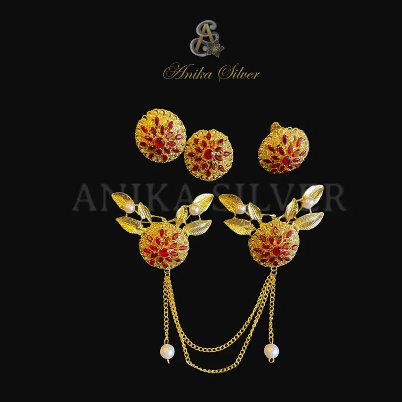 Set bros kancing ganeswari bahan alpaka lapis emas Perhiasan