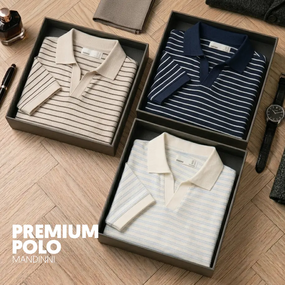 [MANDINNI PREMIUM] Áo thun polo cổ V CS03 chất vải sọc vải cotton dệt họa tiết xương cá cao cấp chuẩn form năng động màu sọc phối kem, be kem phối nâu