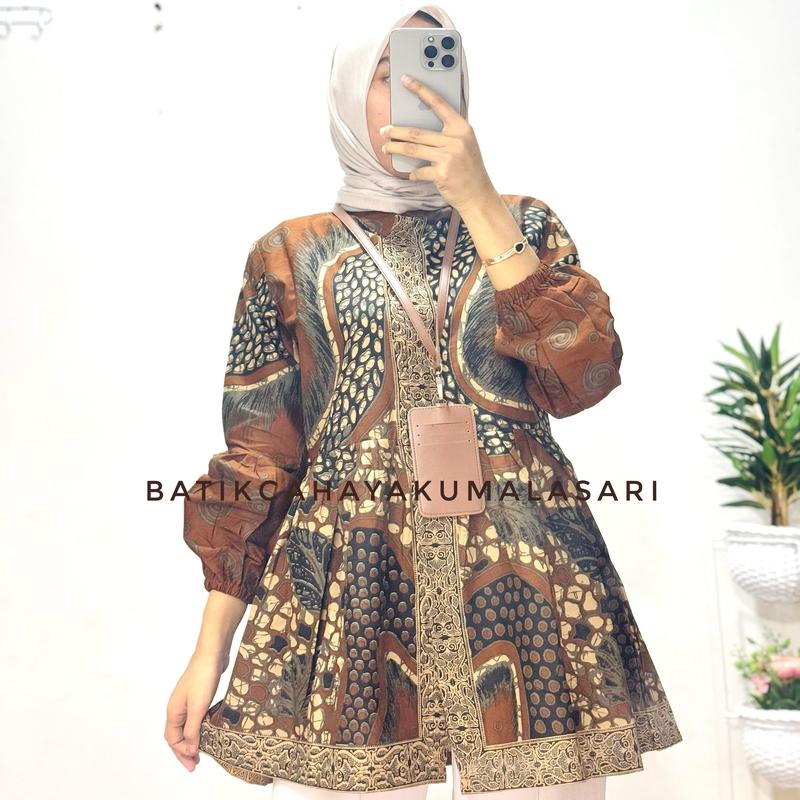 Blouse Batik Wanita Lengan Balon Motif MALIKA Sogan - Atasan Kerja Wanita Kekinian Bahan Katun Prima 1
