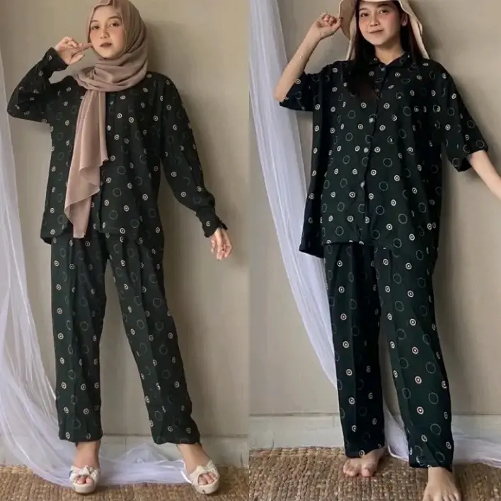 one set rayon polka ring piyama rayon pajamas katun rayon setelan rayon wanita baju wanita dewasa lengan panjang pendek jumbo motif trendy 0