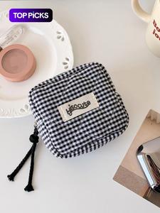 Bolsa de maquillaje con patrón de cuadros, Bolsa de almacenamiento de cosméticos portátil con cremallera, Estuche organizador de maquillaje versátil para viajes y uso diario