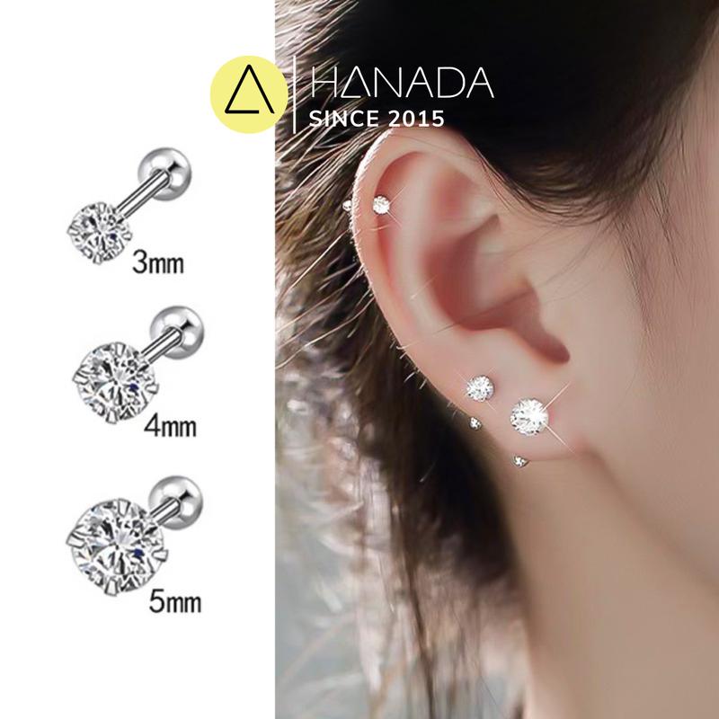 Bông Tai Bạc 925 Hanada Đá CZ6A Mang 2 Đầu Đá Bi Tròn khuyên tai Chui Bi Vặn Đeo đơn giản nam nữ 0801 E06