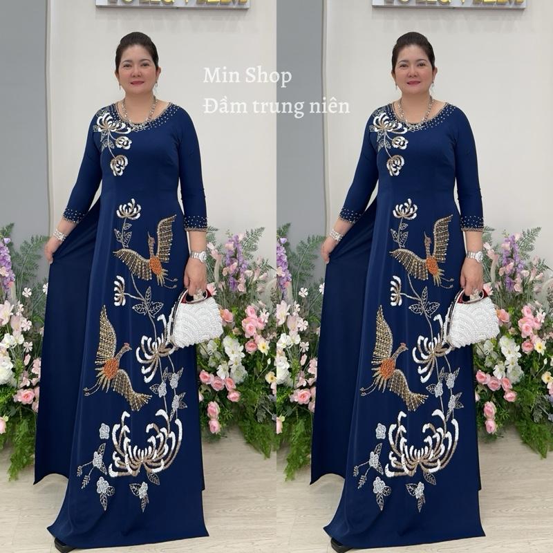  MIN SHOP Áo dài truyền thống tay lỡ Đầm Trung Niên Nữ Dress Màu Xanh lá cây Women Voan cao cấp Voi Size XL-5XL Chất liệu Voan mềm mại Kiểu dáng sang trọng 
