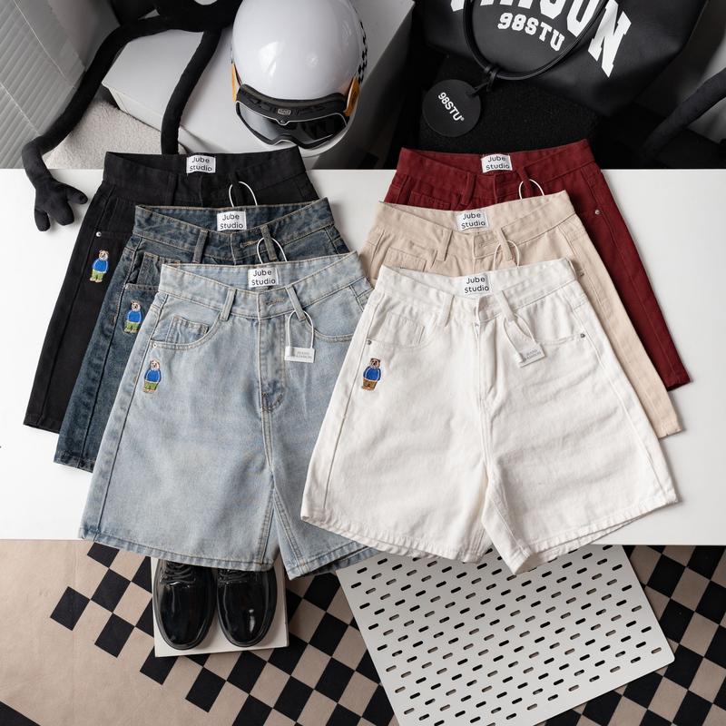  Quần Ngố Jeans Nữ Lưng Cao Thêu Hình Kiểu Dáng Trơn Nhiều Màu Thời Trang 