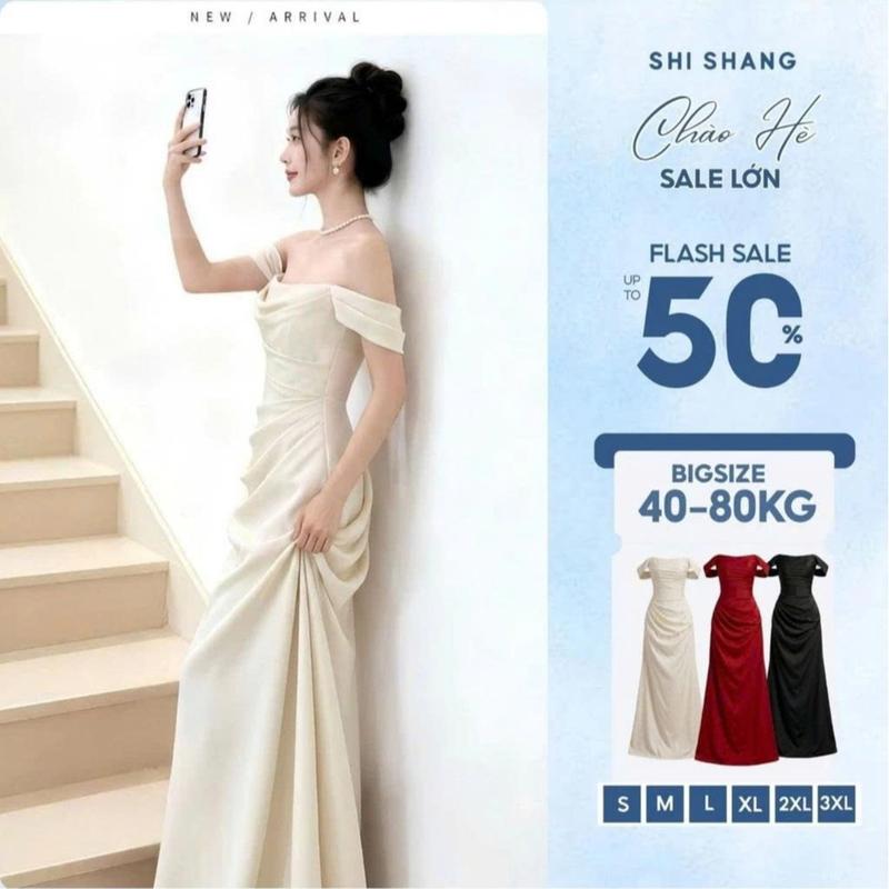 Shi Shang Đầm Dự Tiệc Cúp Ngực Trễ Vai Cao Cấp Thiết Kế Xếp Ly Che Bụng, Dây Corset Điều Chỉnh có Bigsze by Shi Shang