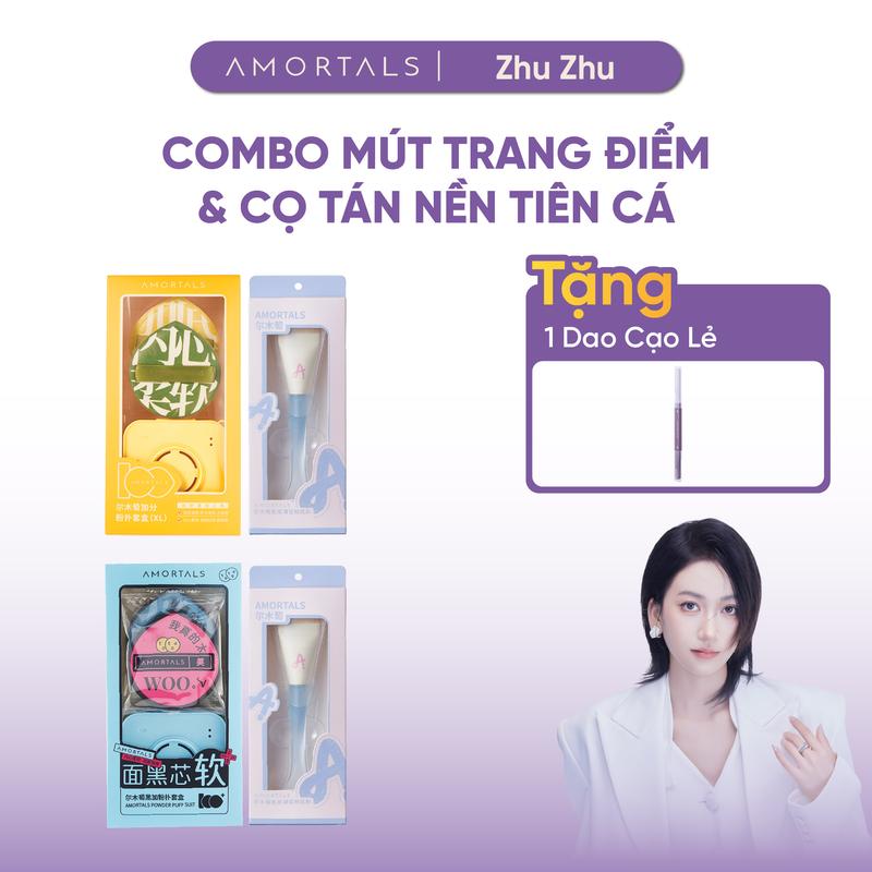 《AMORTALS X ZhuZhu》COMBO Set Bông Mút Đánh Kem Nền Amortals Phiên Bản Đen Và Cọ Tán Nền Amortals Tiên Cá Tặng Kèm Nước Rửa Cọ Trang Điểm Amortals, Dạng Gel