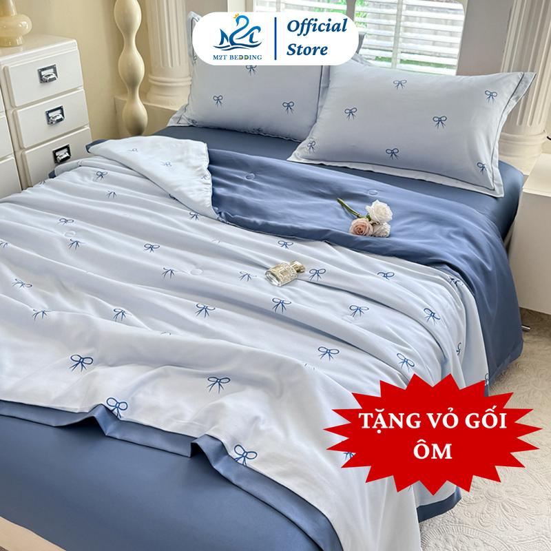[TẶNG VỎ GỐI ÔM] Bộ chăn ga gối LỤA THÁI 9D M2T BEDDING mềm, mịn, mát - chăn chần bông mỏng cho mùa hè, ga giường và 2 vỏ gối nằm