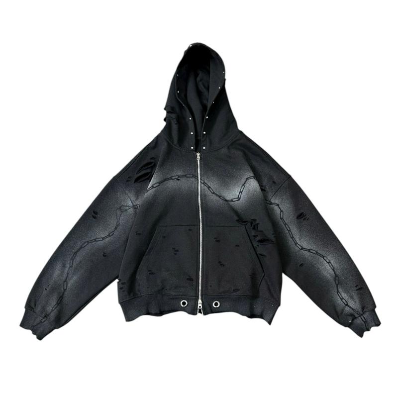  Áo Hoodie Zip Nỉ Chân Cua Custom Nhuộm Rách Đính Charm Kim Loại 420gsm TRAPPER CLUB 