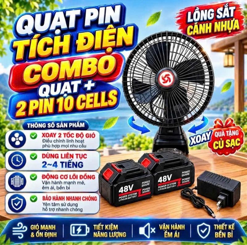 Quạt Xoay 180 độ Lồng Sắt Cánh Nhựa 2 Cấp Độ Gió, 2 Pin 10 cell, Tặng sạc, Bảo Hành 12thg