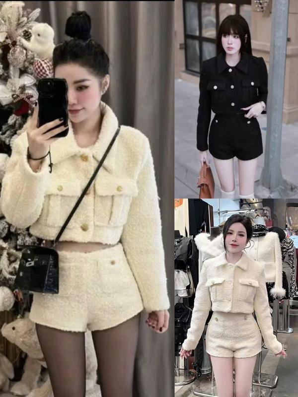 Set Bộ Nữ Áo Khoác Form Croptop túi hộp mix quần sooc ngắn chất liệu dạ ép lông cừu MS502