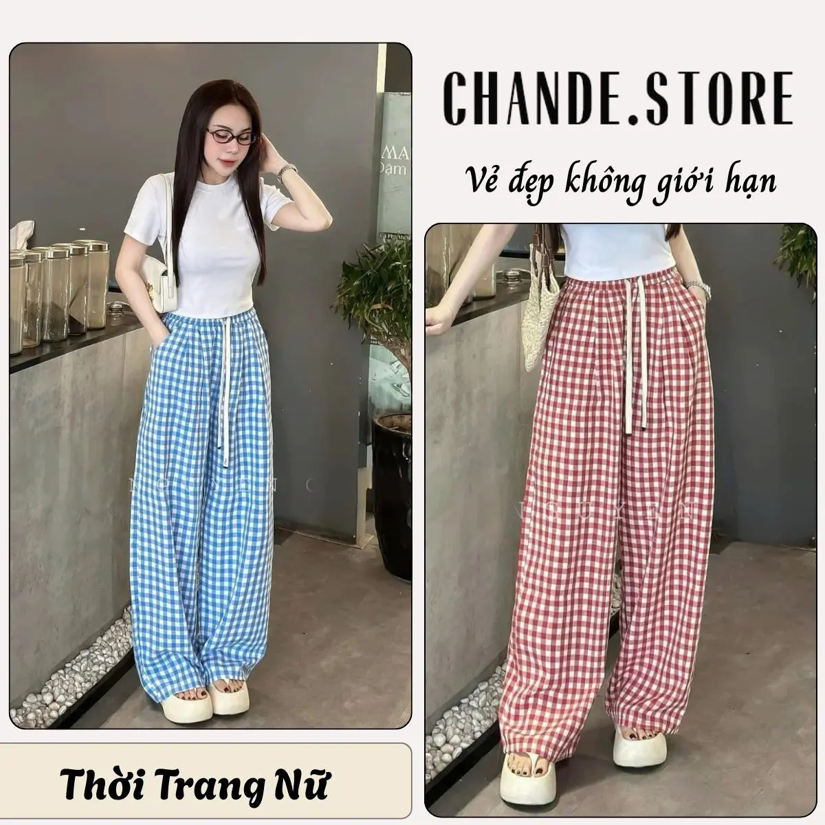 Quần suông nữ kẻ caro cạp chun lưng cao ống rộng nhiều màu basic chất đũi mềm mát QX08 CHANDE STORE