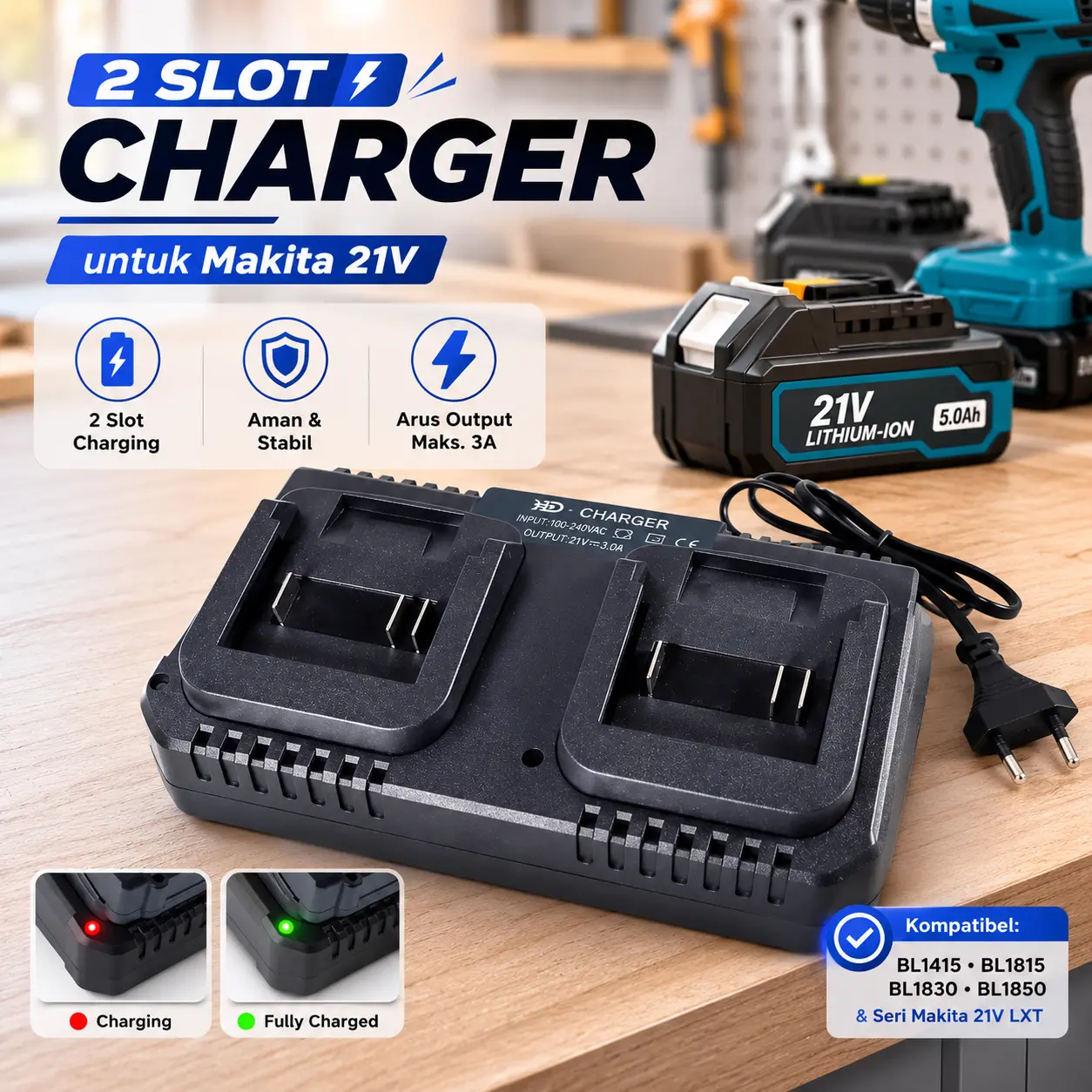 OUTDO Charger Baterai Bor Listrik 2 Slot 3A Makita 21V BL1415 BL1850 - 90030-CH