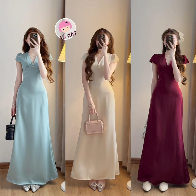 Váy lụa cổ V dáng dài tay ngắn chiết eo tiểu thư xixeoshop - V360