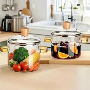 ガラス製調理器具セット（蓋付き）、肉やスープの煮込みに最適な透明鍋、耐久性に優れ、持ちやすいデザイン、電気コンロに対応