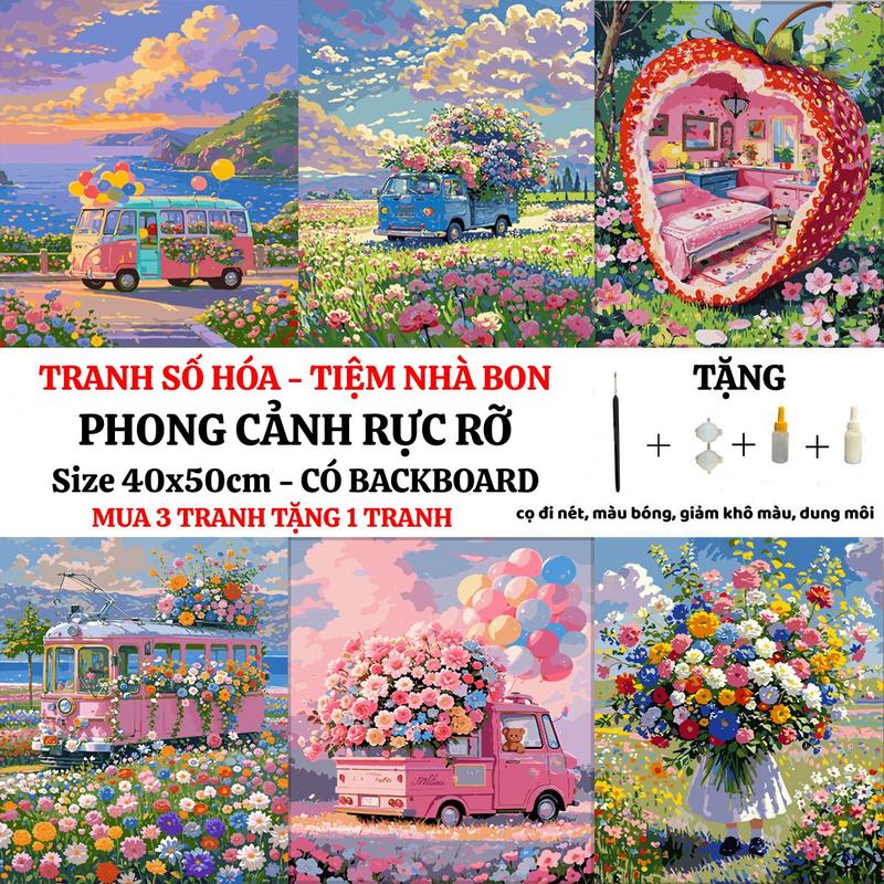 (40X50cm-CÓ BACKBOARD) Tranh tô màu theo số PHONG CẢNH RỰC RỠ có sẵn khung, cọ vẽ, màu vẽ, tặng màu bóng, giảm khô màu, dung môi pha loãng và cọ chuyên dụng. Mua 3 tranh tặng 1 tranh Diy