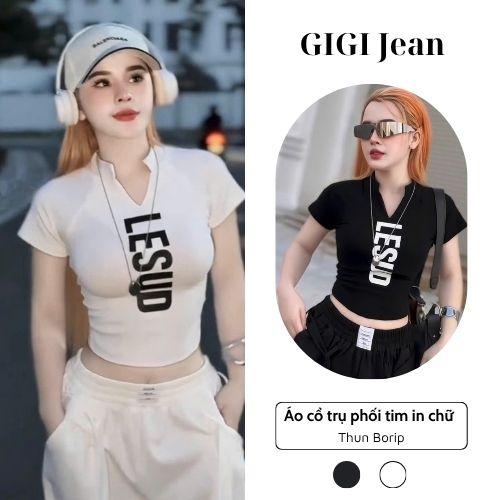 FORM LỬNG Áo Croptop Thun Borip Chất Co Giãn Cổ Trụ Phối Tim In Chữ 25 Nữ Voi Women Polo áothunnu Nhung