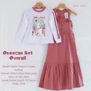 ( NEW ) Setelan Rok Anak Perempuan Terbaru Linen Motif Cartoon Overall Anak Oneechan Set Free Inner