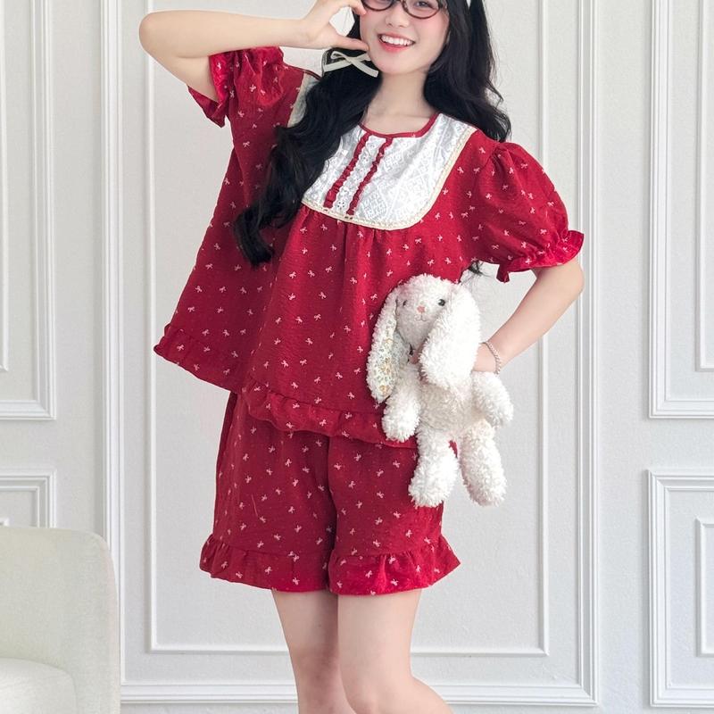 Bộ Đồ Ngủ ĐÙI SET PIJAMA NỮ CHẤM ĐỎ BASIC KIỂU HÀN QUỐC BIG SIZE Nhà PINK HÀNG CAO CẤP