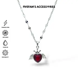 FIVEFAM'S - Kalung Titanium Liontin Love Hati Permata Bersayap Merah Elegan Unisex | Kalung Pria Wanita Rantai Pecah Kopi Anti Karat Stainless Steel