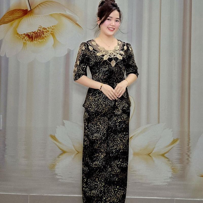 B41 Đồ bộ bông thun nữ trung niên thiết kế cổ đè ren, tay lỡ quần ống suông hoạ tiết da beo thương hiệu Hải Sơn women