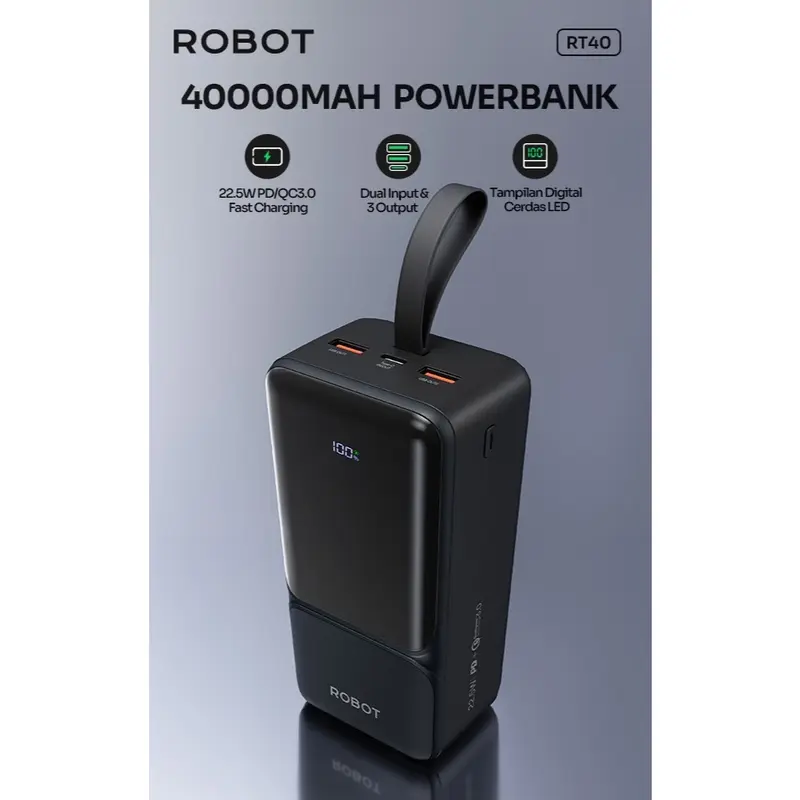 ROBOT RT40 Powerbank 40.000mAh High Capacity Fast Charging 22.5W Fast Charging Powerbank QC3.0 USB-C USB-A Output Garansi Resmi Robot Indonesia 3