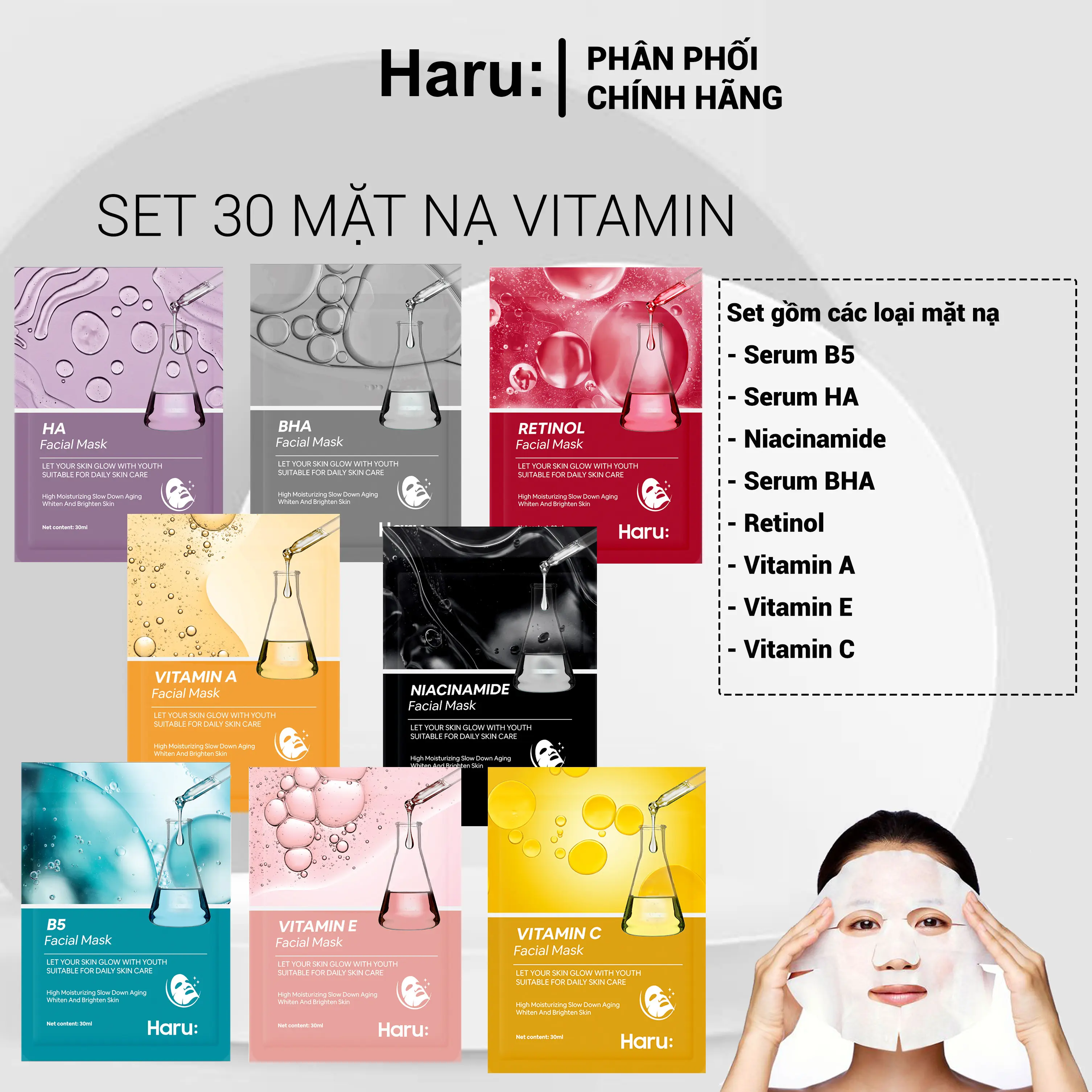 Set 30 mặt nạ Serum B5, Re. tinol, Niacina. mide, HA, BHA, Vita. min A, C, E hỗ trợ dưỡng ẩm da và cấp nước