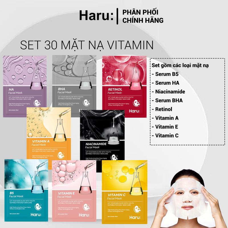 Set 30 mặt nạ Serum B5 5%, Re. tinol 2%, Niacina. mide, HA, BHA, Vita. min A, C, E hỗ trợ dưỡng ẩm da và cấp nước