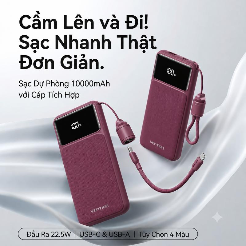Sạc Dự Phòng 10000mAh/20000mAh Vention 22.5W 2 Cổng USB-A/C Kèm Dây Sạc Type C Màn Hình Led Hiển Thị Dùng Cho Điện Thoại Laptop