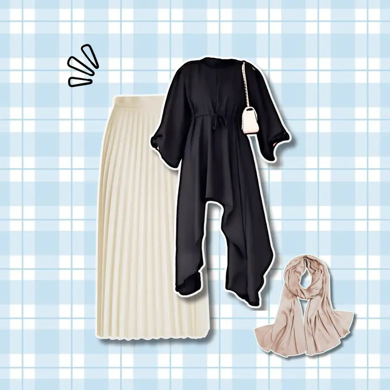 Setelan Wanita Remaja Dewasa 3IN1 Kekinian Tunic hitam, Rok, Pasmina cream Ootd Lebaran kondangan hangout terbatu-Set AB87 4
