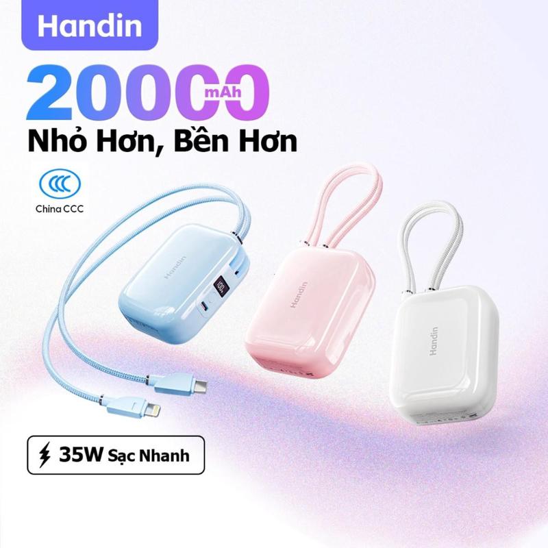 【CCC+Qi】Handin Sạc dự phòng Powerbank 20000mah 35W sạc nhanh tự mang theo dây đôi pin dự phòng màn hình led tích hợp