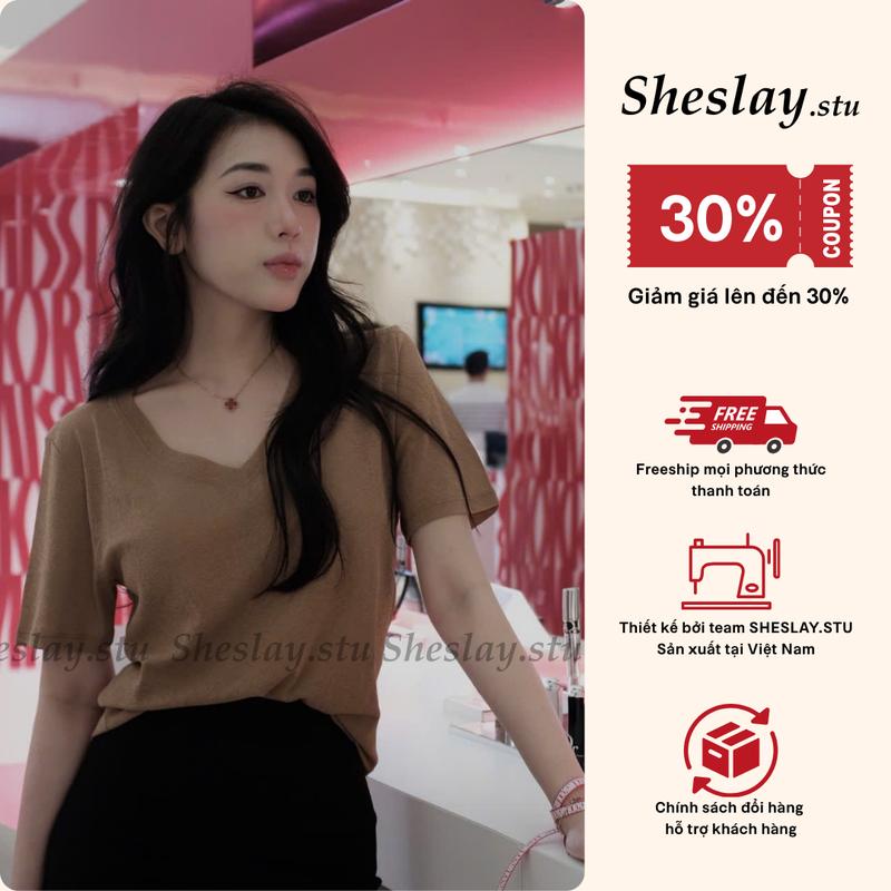MIDI TOP - Áo Thun Giấy Cổ Tim Tay Ngắn SHE SLAY - Chất Vải Mỏng Nhẹ, Mặc Rũ Form Tôn Dáng, Freesize Dưới 58kg.