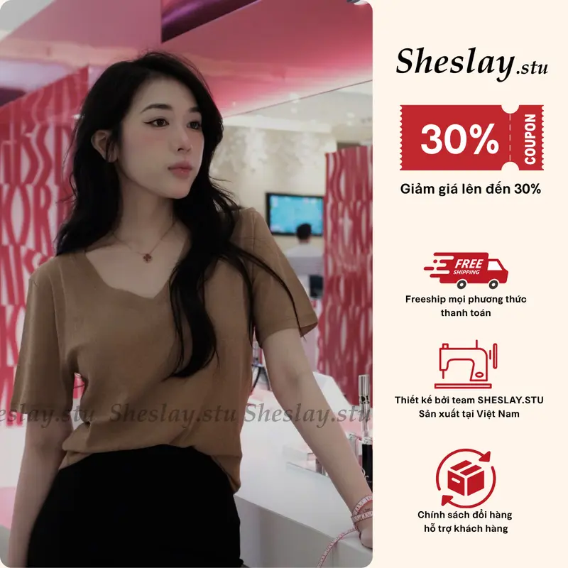 MIDI TOP - Áo Thun Giấy Cổ Tim Tay Ngắn SHE SLAY - Chất Vải Mỏng Nhẹ, Mặc Rũ Form Tôn Dáng, Freesize Dưới 56kg. 0