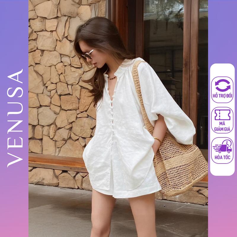 Set bộ nữ BIGSIZE chất đũi thô màu trắng áo sơ mi kiểu tay bồng cổ tàu mix quần sooc mặc đi du lịch hè Venusa Store