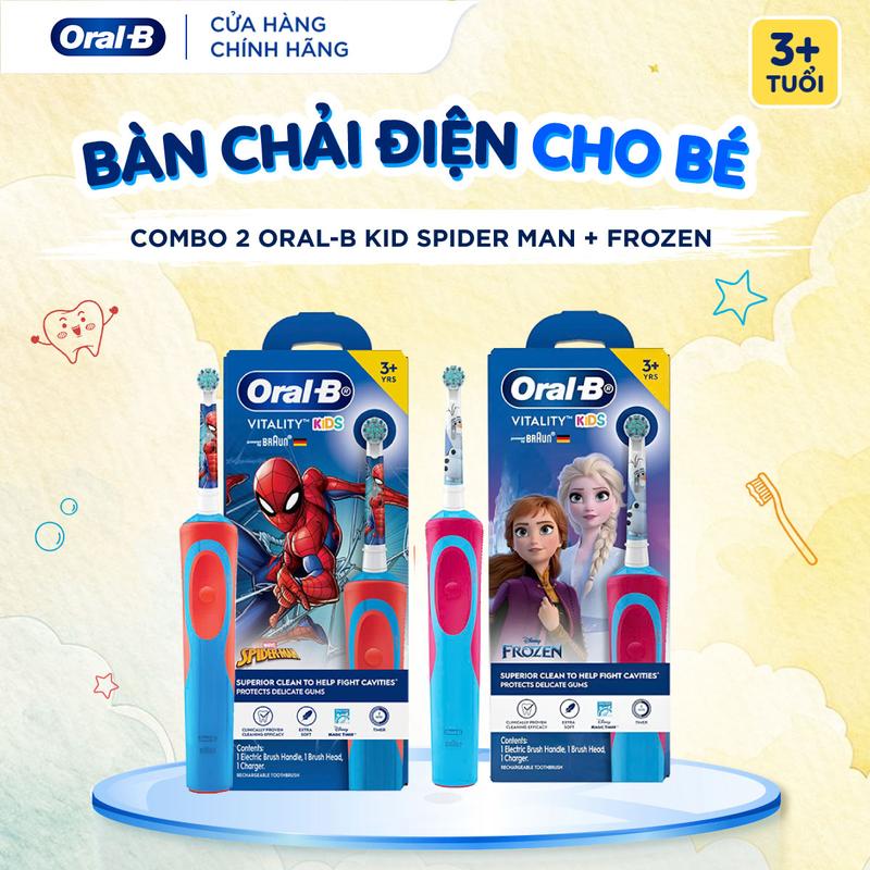 Combo 2 Bàn Chải Điện Cho Bé Oral-B Vitality Kids Spiderman/Frozen | An Toàn Cho Bé Lông Siêu Mềm, Sạch Sâu | 3+ Tuổi