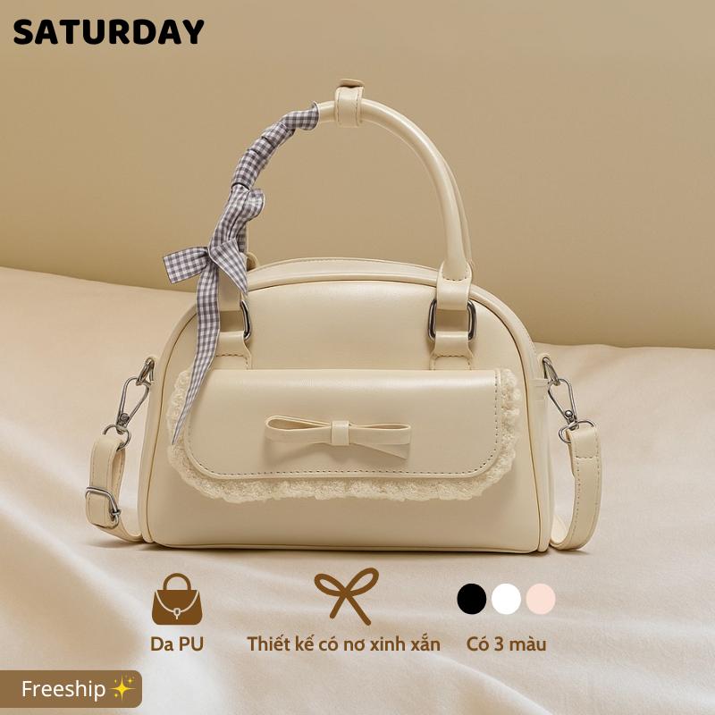  Túi xách nơ ren tiểu thư da PU mềm có dây đeo chéo hàng loại dày - viền ren nhỏ xinh tinh tế 