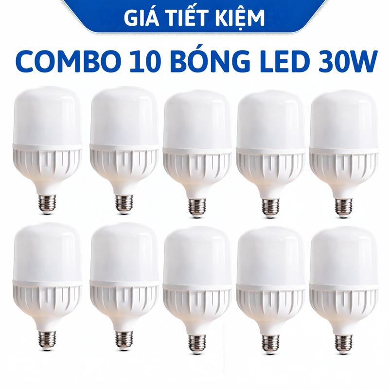 (Mẫu A) Combo 10 Bóng Đèn LED 30W Cao Cấp Siêu Sáng Ánh Sáng Trắng Đui E27 Bảo Hành 12 Tháng Tiết Kiệm Điện Phù Hợp Nhiều Không Gian Bóng Đèn LED Bulb Trụ Không Nhôm Công Nghệ DOB