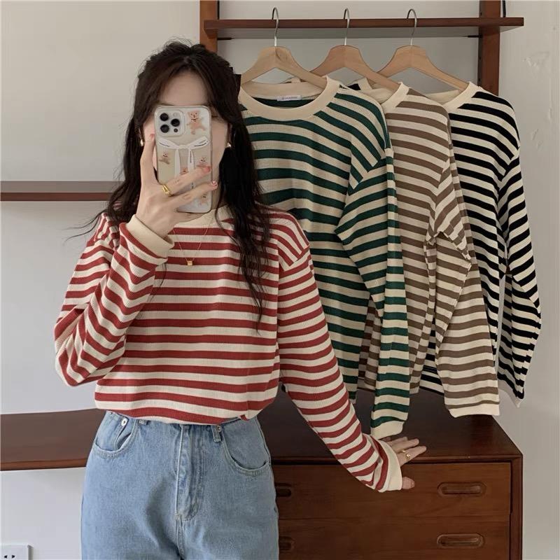  Áo len dệt kim tay dài form rộng nữ kiểu kẻ ngang cổ tròn len mongtoghi dày dặn phong cách hàng đẹp Quảng Châu 