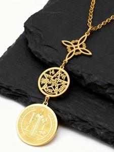 Collar de Protección Triple Acero Inoxidable Amuleto Espiritual Católico y Judío con Medalla de San Benito Nudo de Brujería Estrella Pentagonal