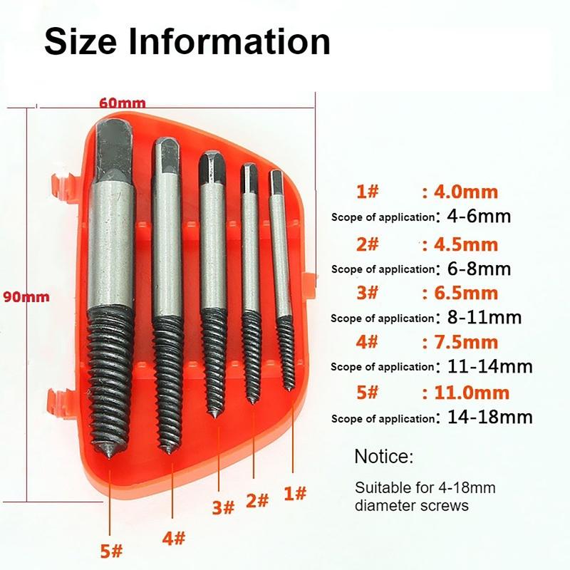 Product Introduction of Screw Extractor Screw Remover Tool Set Extractor Broken Damaged Bolts Remover Tool Pipe Extractor 5 Pcs/set Storage Case Removing Damaged Bolts Bits Screw Extractor Drill Bits Tool Hardware 14