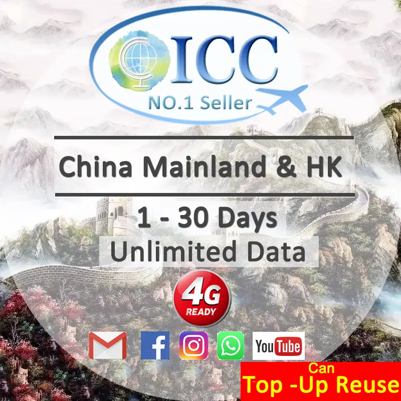 ICC SIM Card - China Mainland, HK/Macau 1-30 Days Unlimited Data - China Mobile/Can top up reuse