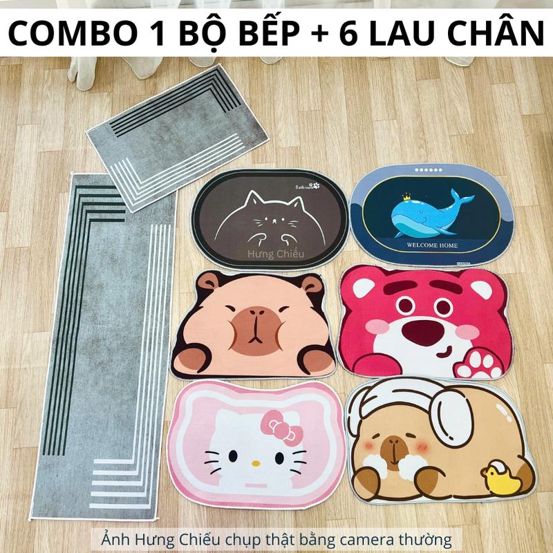 Combo 1 thảm bếp bộ 2 tấm và 6 thảm lau chân hình thú chất nỉ lỉ, êm chân, dễ vệ sinh, chống trượt, hút nước sàn nhà