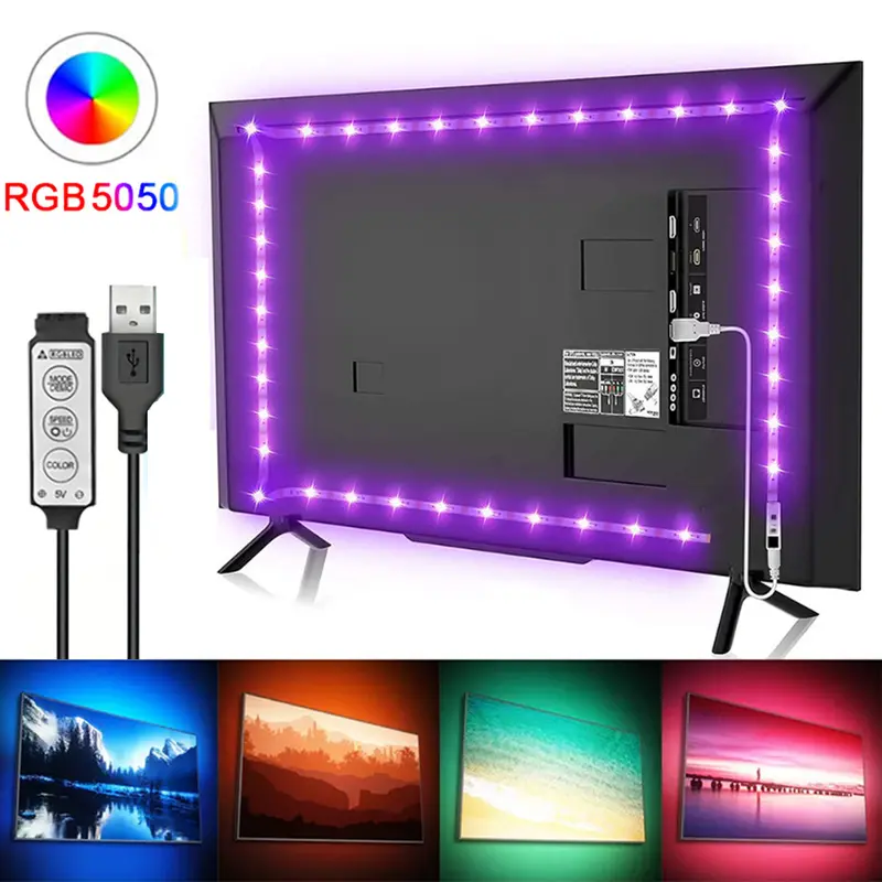 Dải đèn LED USB, thiết kế đơn giản, DV5V, đèn trang trí nhà cửa, màu RGB 5050, 3 phím, đèn Neon 0