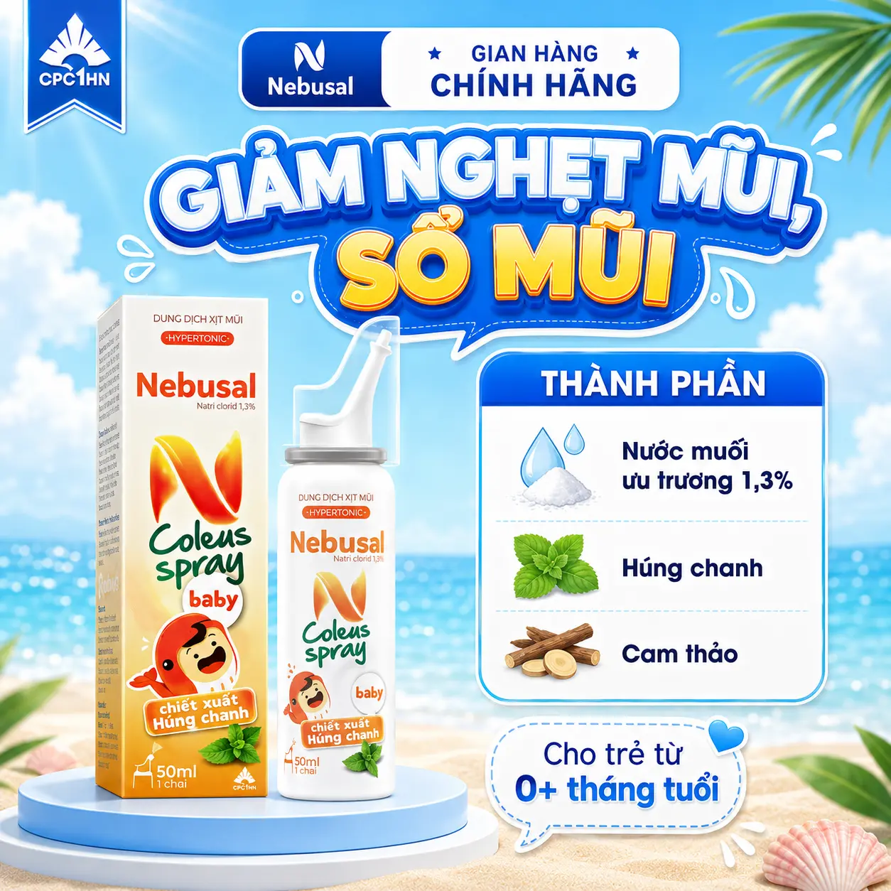Xịt Mũi Nebusal Húng Chanh Giảm Nghẹt Mũi - Sổ mũi Cho Trẻ Sơ Sinh và Trẻ Nhỏ (50ml) Cho Bé