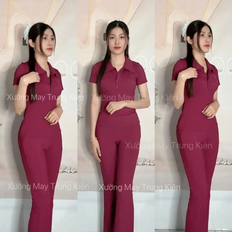 Mã T303:đồ bộ mặc nhà thun tăm lạnh hàng loại 1 áo cổ sơ mi quần ống loe Nữ