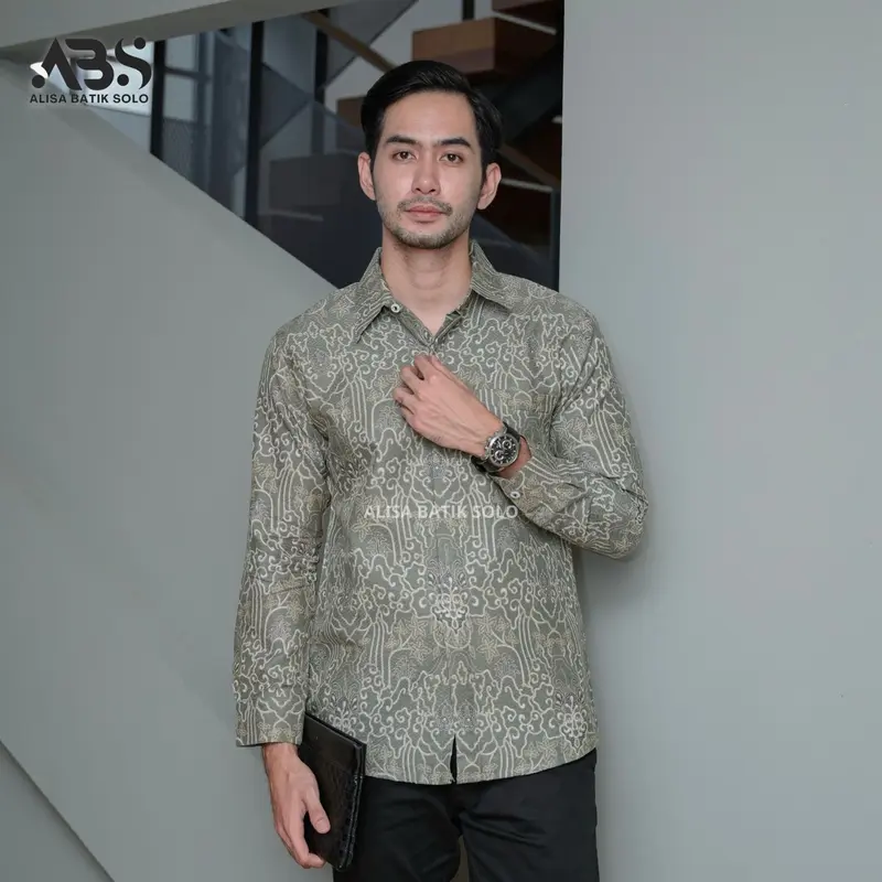 ALISA BATIK SOLO | Batik Slimfit Motif Garis Sage Bahan Doby Kemeja Batik Tangan Lengan Panjang Solo Sragen Best Seller Baju Pria Nyaman 1