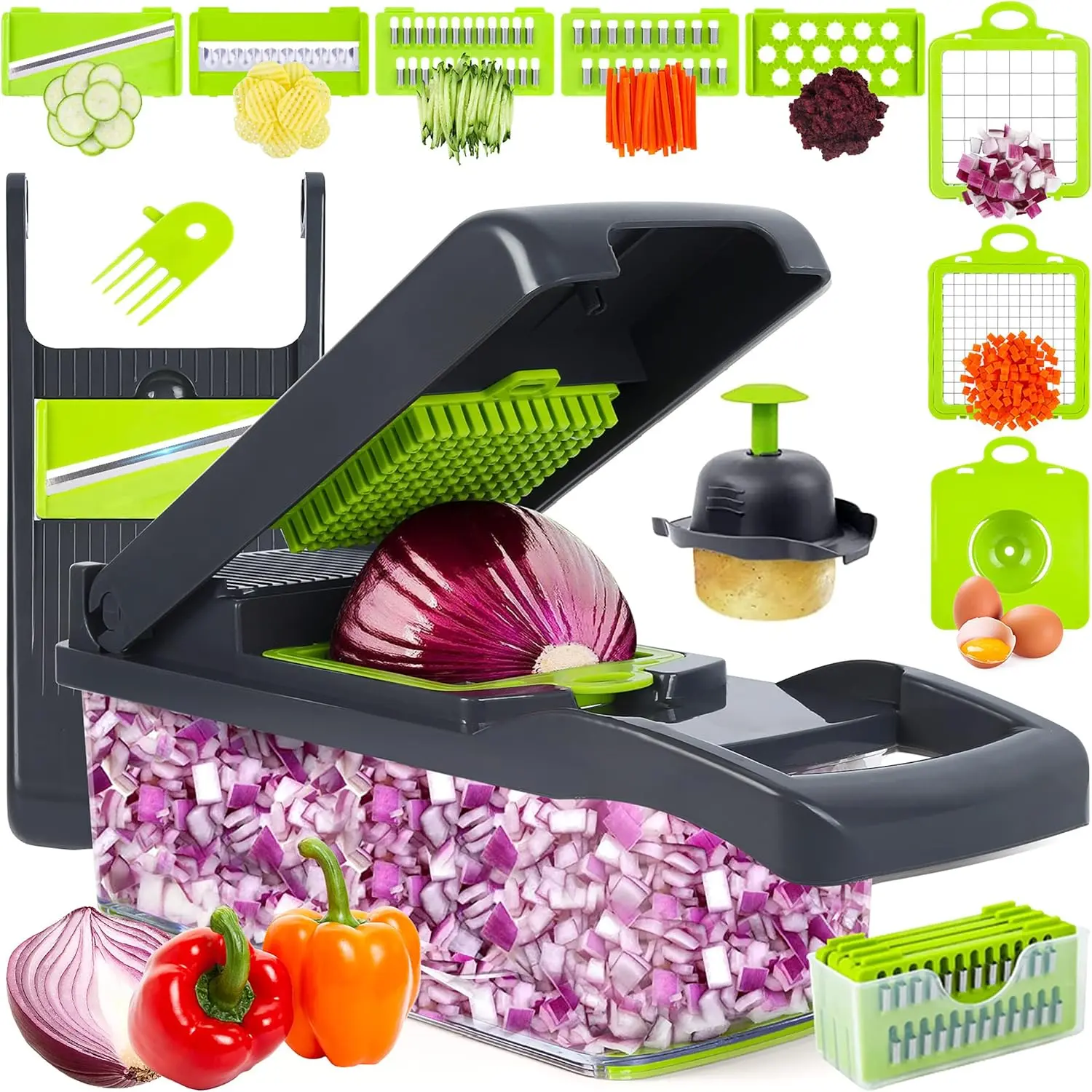Pencincang Sayur, Pencincang Bawang, Penghiris Mandolin, Pencincang dan Penghiris Makanan Profesional 10 dalam 1, Mesin Dadu, Pemotong Sayur Boleh Laras, Dengan Bekas, Warna Kelabu vegetable  cutters parutan  set  serbaguna