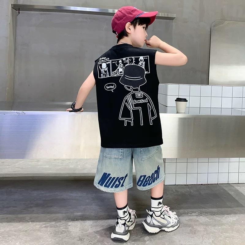 Set Bộ Áo Tanktop Mix Quần Ngố Jean Màu Omber Thời Trang Phong Cách Hiphop Cool Ngầu Cho Bé Trai
