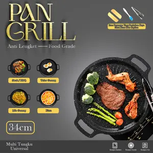 Grill Pan Baru Wajan Panggangan BBQ Grill Pan Korean Wajan Bulat Anti Lengket Serbaguna Alat Baja  Kitchenware Diameter 32cm/34cm Set loyang panggangan